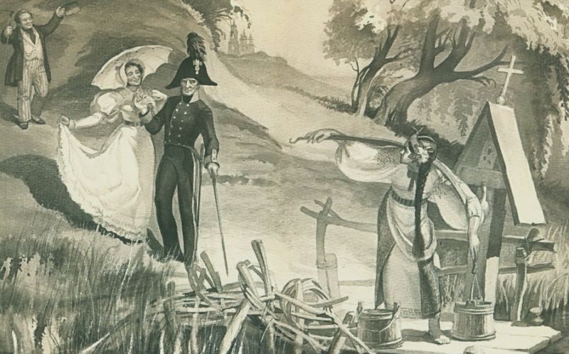 Котляревский с Екатериной Налётовой и Михаилом Щепкиным встречают Наталку-Полтавку. Художник Евгений Путря.