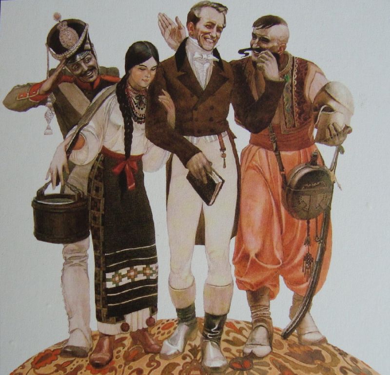 Иван Котляревский со своими героями. Художник Евгений Путря. Крайний слева – «москаль-чародей» – нынче вырезан. Здесь – цельная, неотредактированная версия.