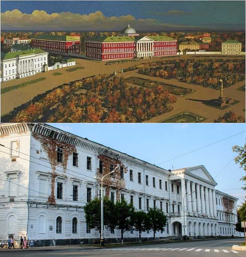 Здание Полтавского Петровского кадетского корпуса прежде и теперь: это и главный позор, и символ нынешней Полтавы.