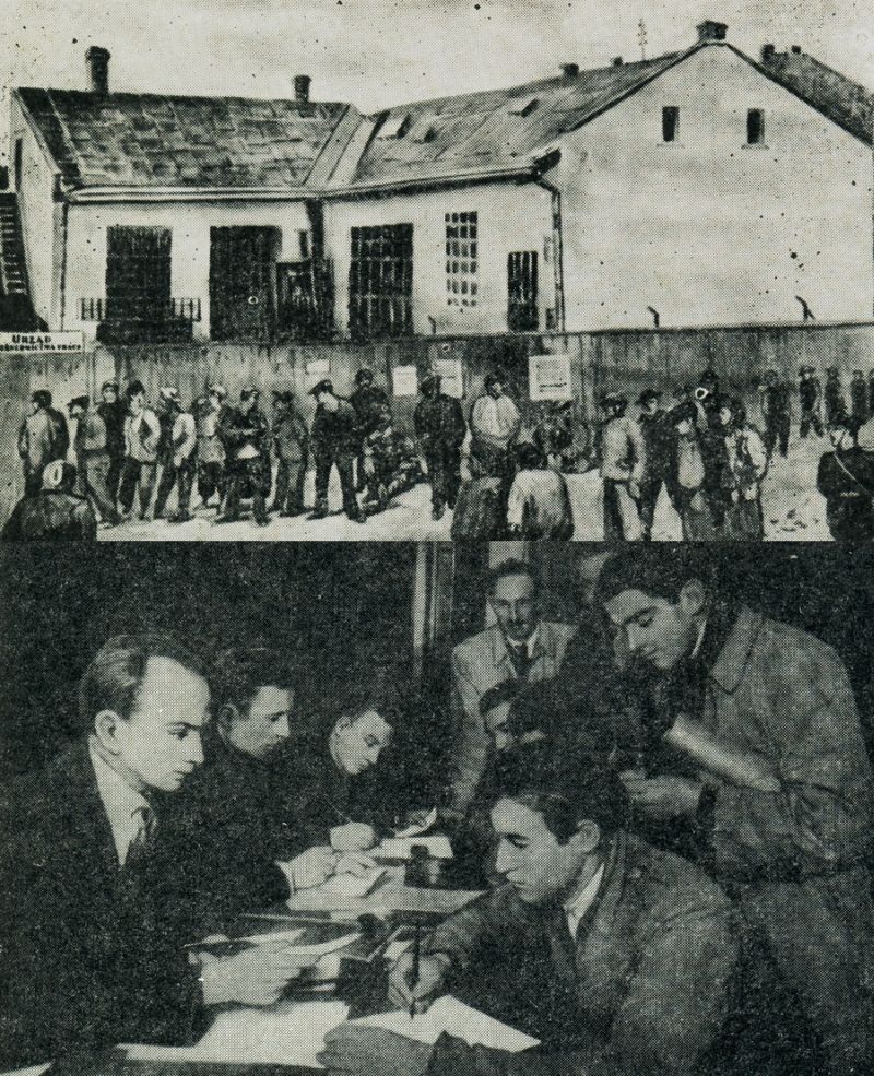 Безработица была «визитной карточкой» Западной Украины «за часів Польщі». Вверху: «Биржа труда во Львове». Рисунок художника А. Друченко. Внизу:  Безработные г. Львова получают направление на работу. Фото 1939 г. 