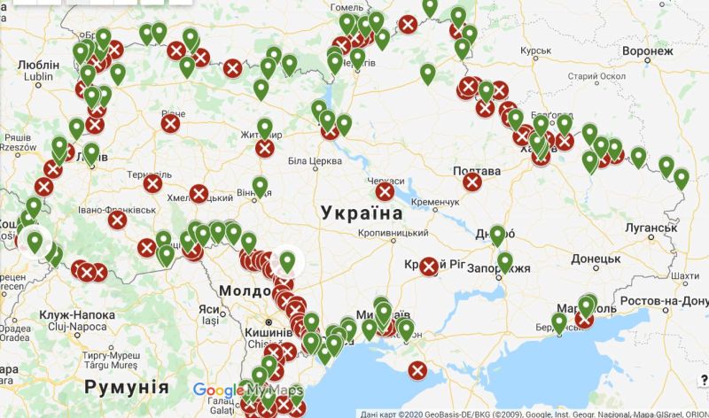 Карта закрытых и открытых пунктов пропуска по Украине