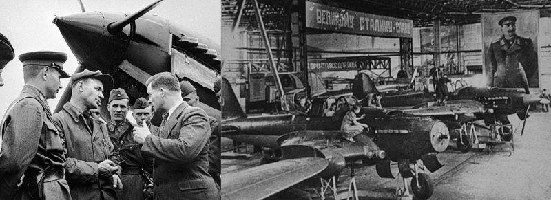 Конструктор С.В. Ильюшин и летчик-испытатель В.К. Коккинаки среди строевых летчиков у штурмовика Ил-2; справа – сборка штурмовиков Ил-2 на заводе №30 в Куйбышеве