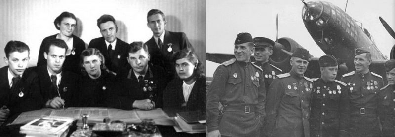 Сергей Ильюшин с коллективом своего КБ (предвоенное фото), справа – лётчики полка дальней бомбардировочной авиации у самолёта Ил-4