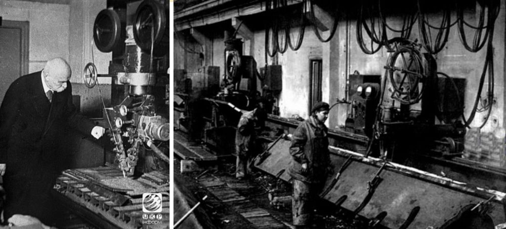 Евгений Патон у первой модели своего сварочного автомата; автоматическая сварка бортов танка сварочными головками конструкции Е.О. Патона