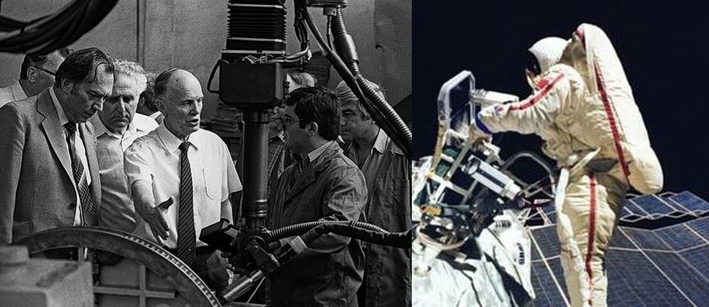 «Времена СССР» – период чрезвычайной востребованности разработок киевского института электросварки. На левом снимке – Борис Патон в одном из подразделений КИЭ им. Е.О. Патона (1981 г.); справа – Светлана Савицкая производит электросварку во время выхода в открытый космос (1984 г.)
