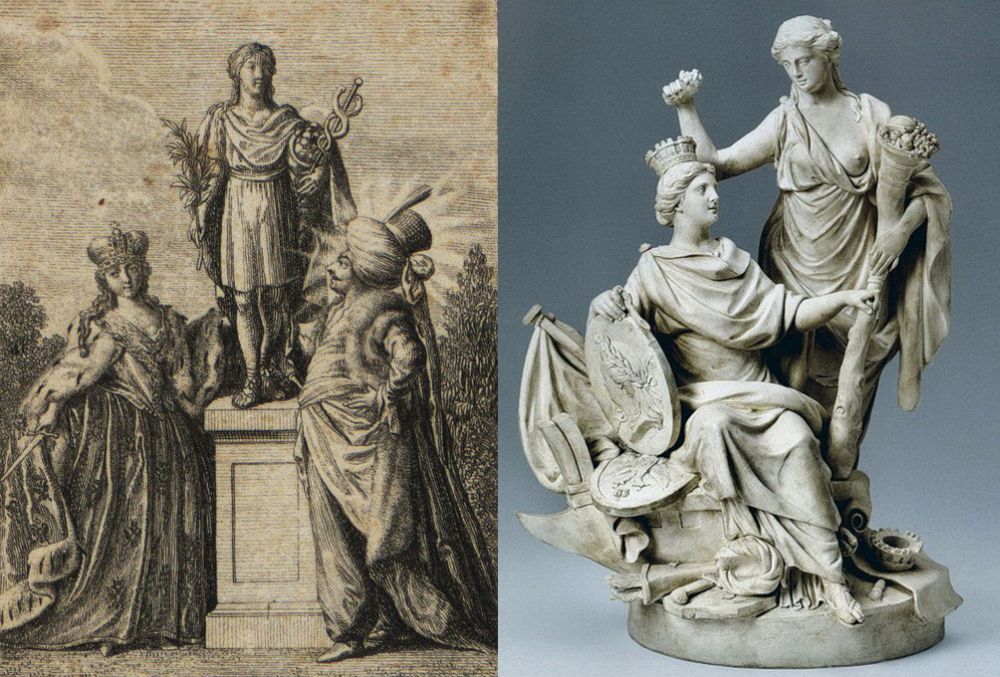 Аллегории Ясского мира. Слева – гравюра 1892 г., справа – скульптурная группа: императрица Екатерина II в образе богини Минервы держит в левой руке палицу Геркулеса (символ мужества), ногами попирает турецкие трофеи (чалму, колчан со стрелами и другие), близ которых лежит свиток с текстом Ясского мира. Рядом – богиня Флора с рогом изобилия, символизирующим процветание Российской империи. Автор модели Ж. Д. Рашетт. Конец 18 века, Государственный Эрмитаж (Санкт-Петербург).