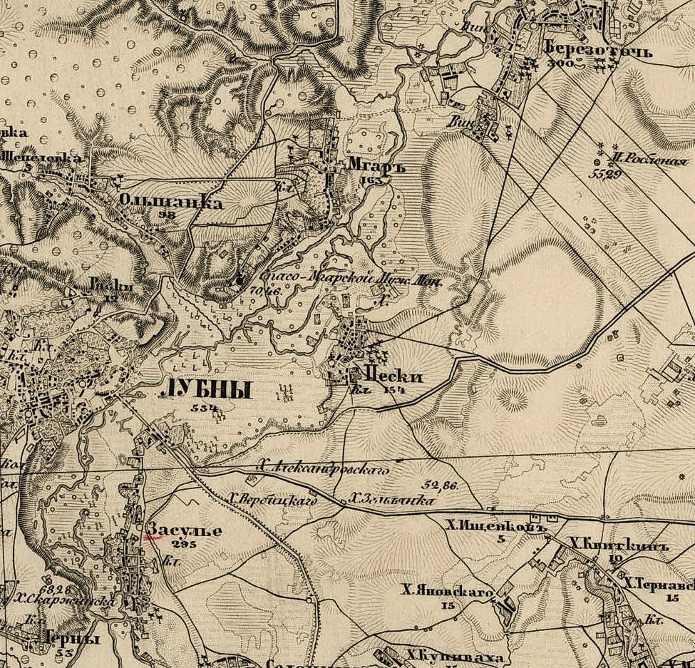 От села Терны (слева внизу) до Березоточи (справа вверху) близ Лубен благодаря открытию здесь царём Петром I полевой аптеки возник крупнейший в Малороссии центр выращивания и сбора лекарственных растений. Фрагмент карты конца XIX столетия
