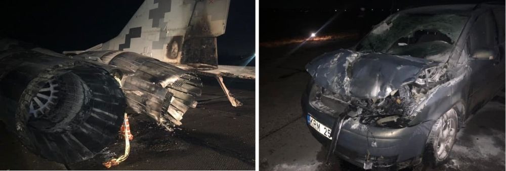 Подбитый на земле самолёт и орудие тарана