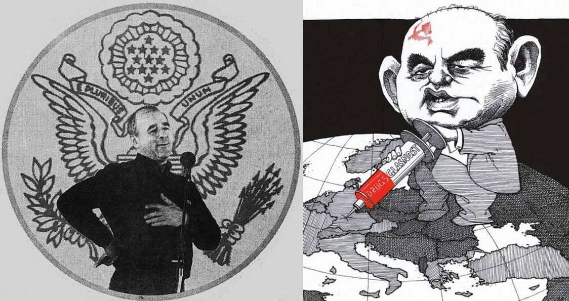 «Михаил Горбачев и наркотик гласности» (зарубежная карикатура); справа – Виталий Коротич (коллаж из газеты «Новый взгляд» № 144).