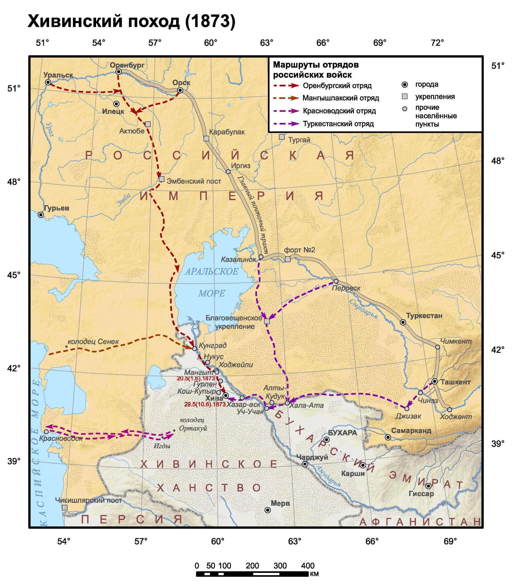 Карта Хивинского похода с указанием направления движения русских отрядов