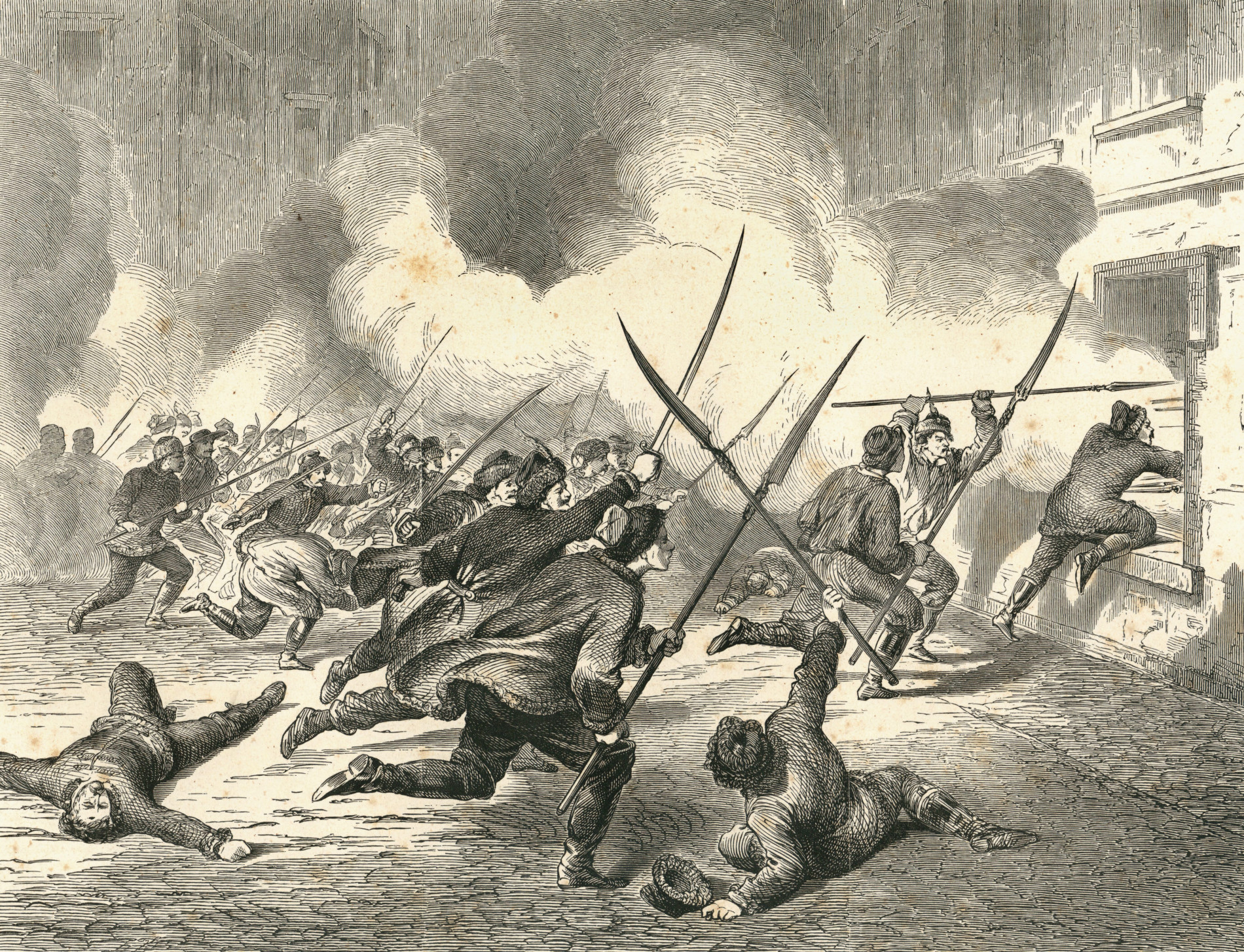 Битва повстанцев с царскими войсками на рисунке неизвестного художника