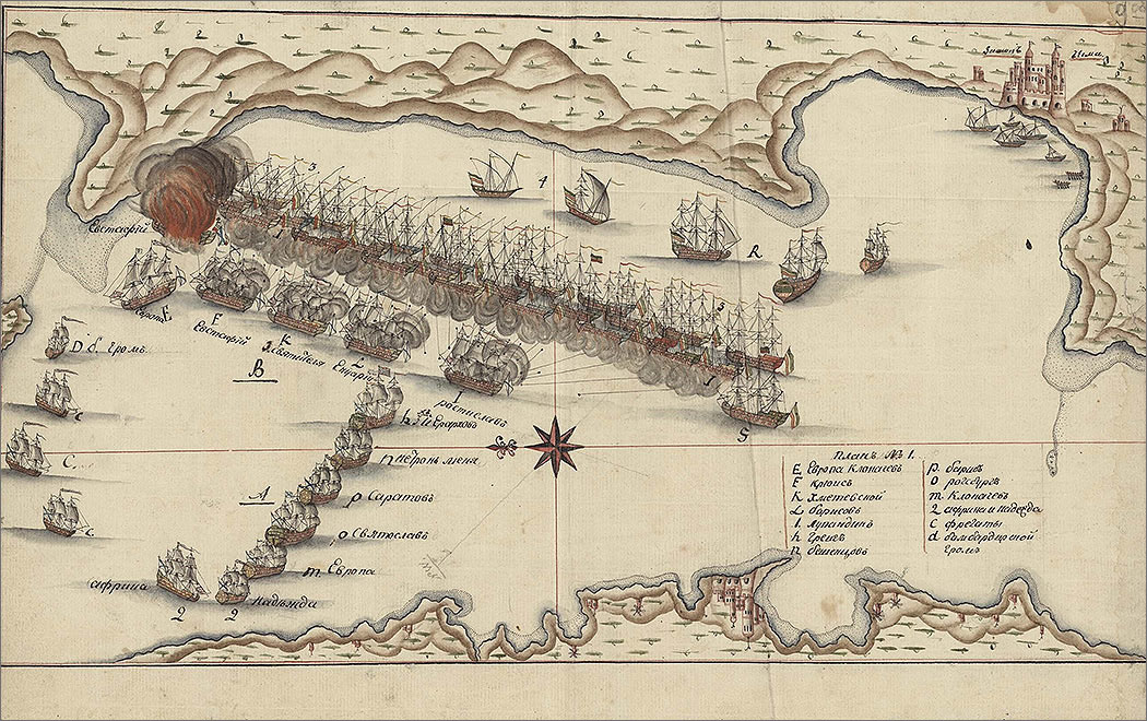План Хиосского морского сражения. Автор неизвестен. Российский государственный архив Военно-Морского Флота, Санкт-Петербург. Альбом карт и планов XVIII века. 