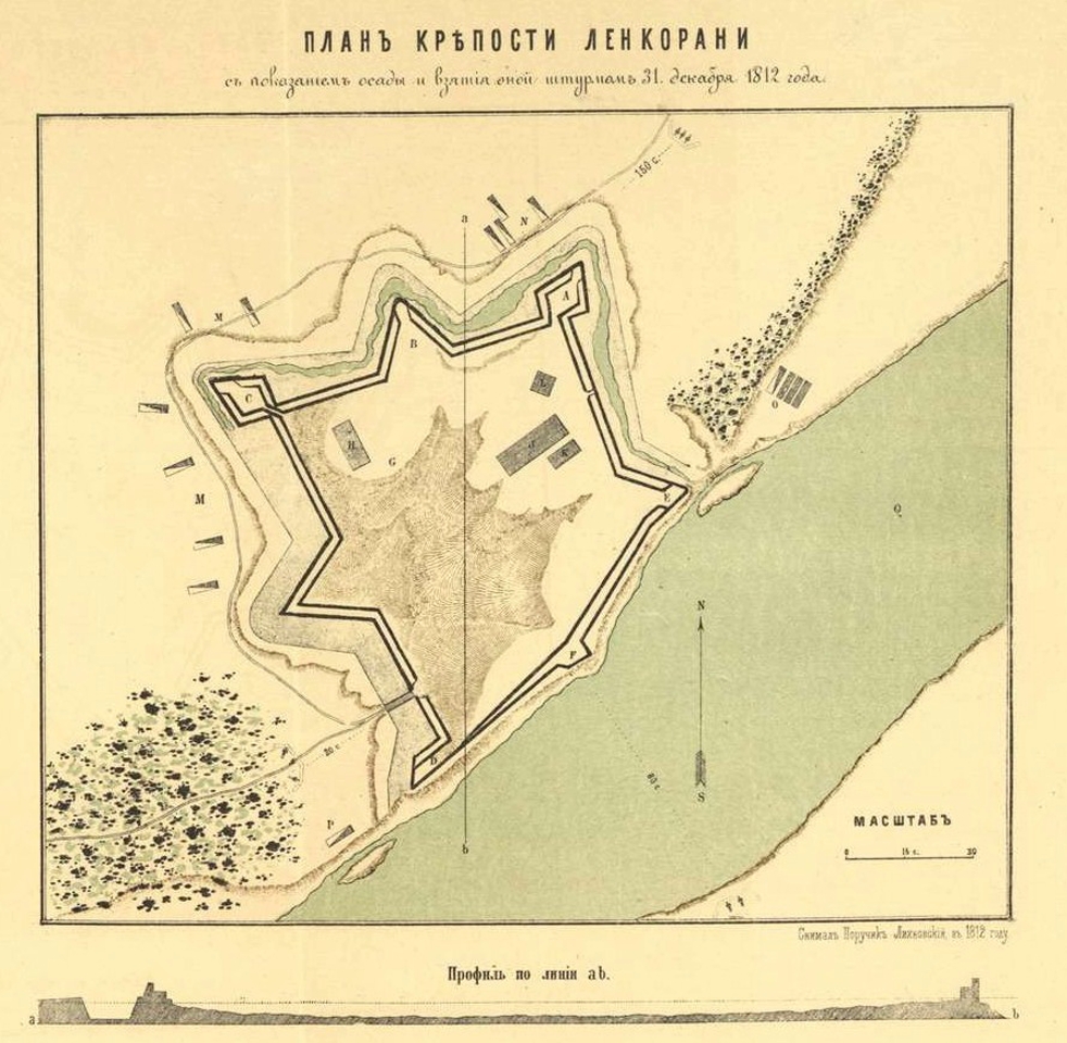 «План крепости Ленкорани с показанием осады и взятия оной штурмом 31 декабря 1812 года». Рисунок из книги историка Василия Потто «Утверждение русского владычества на Кавказе», 1901 год