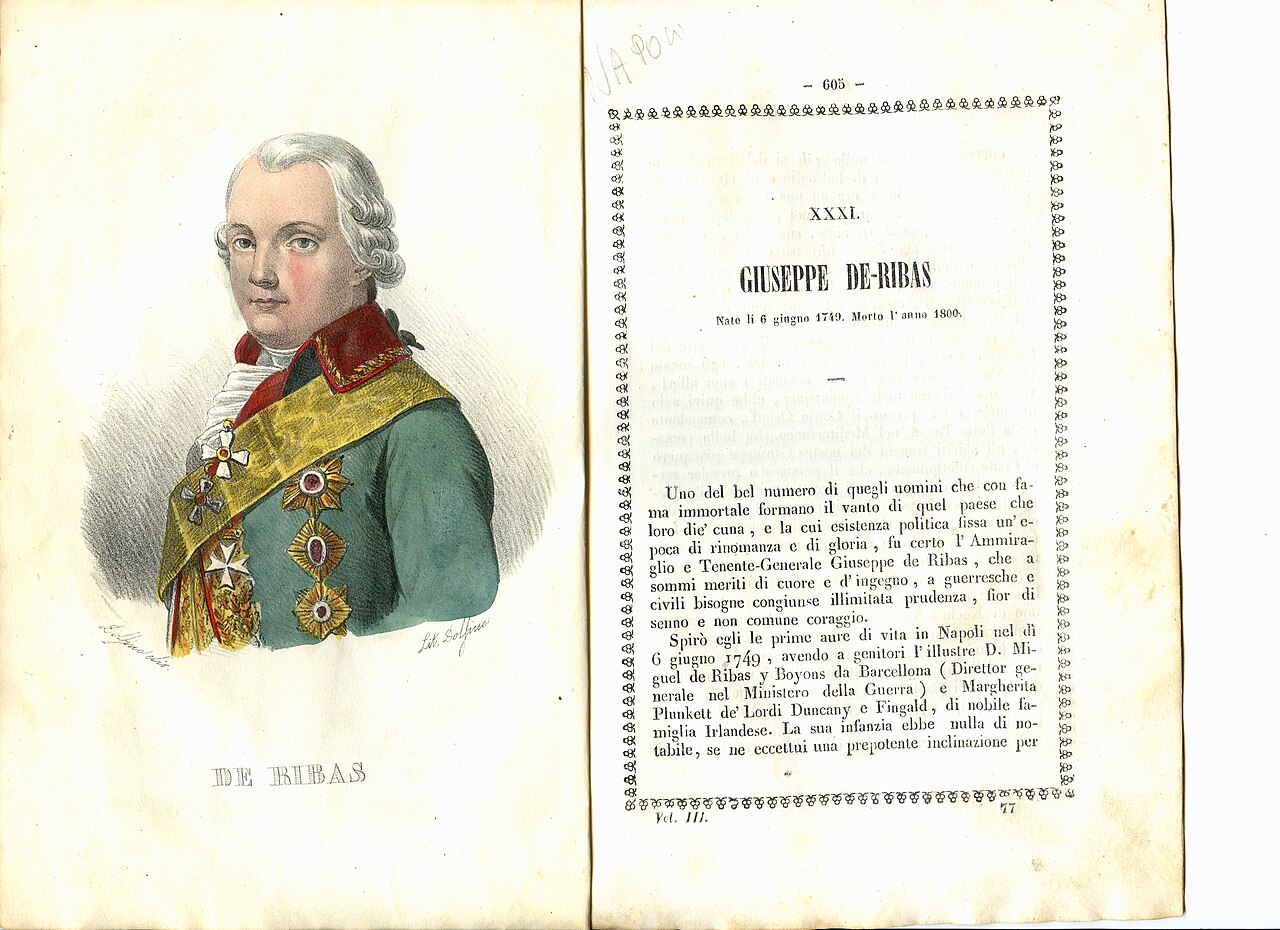 Страница из итальянской книги 1841 года «Знаменитые люди всех времён и народов» с литографическим портретом Дерибаса и статьёй, посвящённой ему