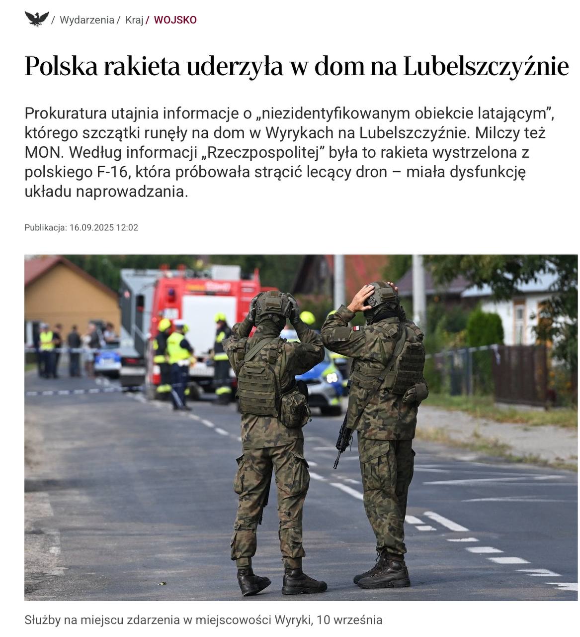 Rzeczpospolita пишет, что польский дом разрушила противоракета, выпущенная с F-16