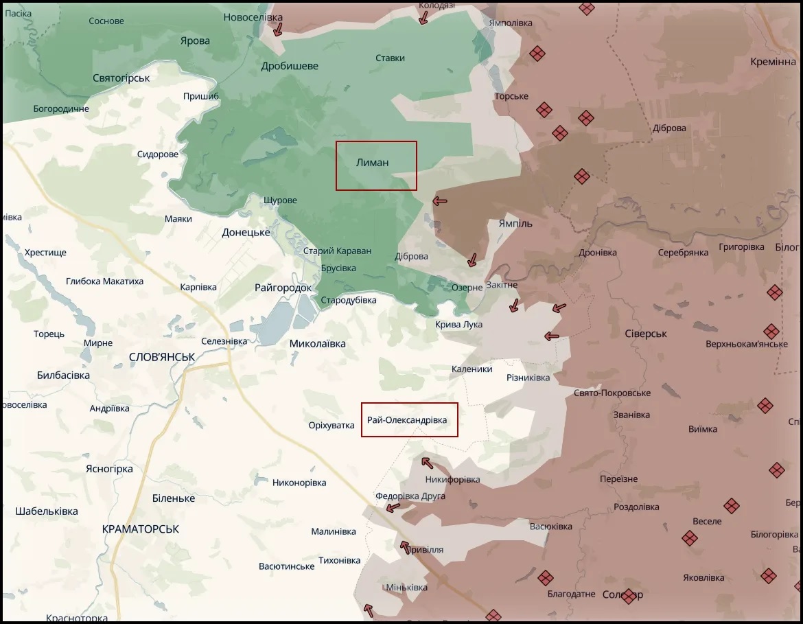 Карта СВО 26 марта 2026 года. Краснолиманское направление.