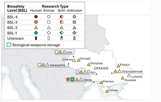 Карта расположения американских биолабораторий на Украине. BSL-1, 2, 3. 4 – это уровень опасности данного объекта