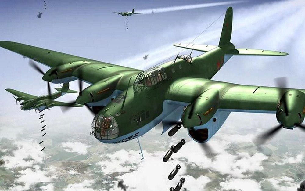 Бомбовый удар наносит тяжёлый стратегический бомбардировщик дальнего действия Пе-8