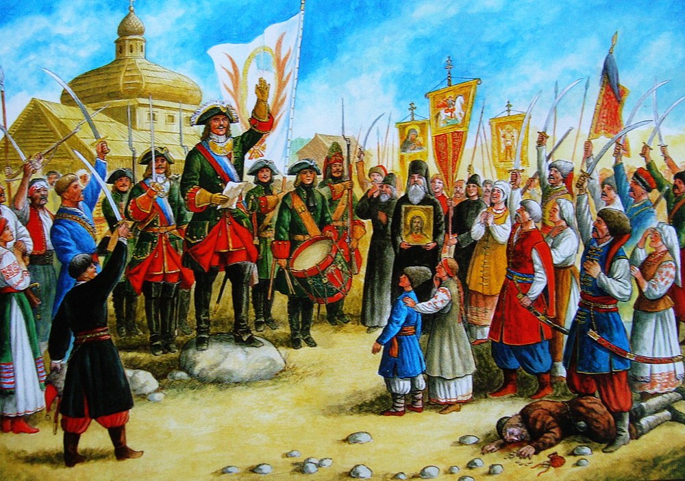 Полтавчане с восторгом внемлют словам письма Петра I, спешащего на помощь осаждённой шведами крепости, присланному в полой бомбе. Художник Юрий Каштанов.