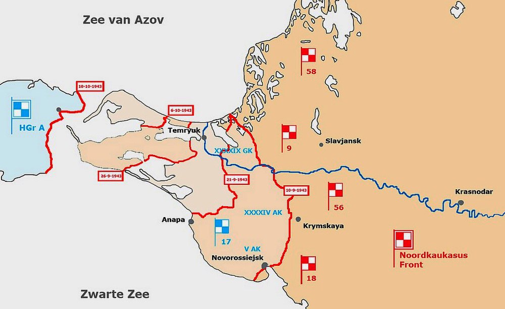 «Кубанский плацдарм. Операции сентября-октября 1943 г.». Красными линиями показаны укрепления «Головы Гота» 