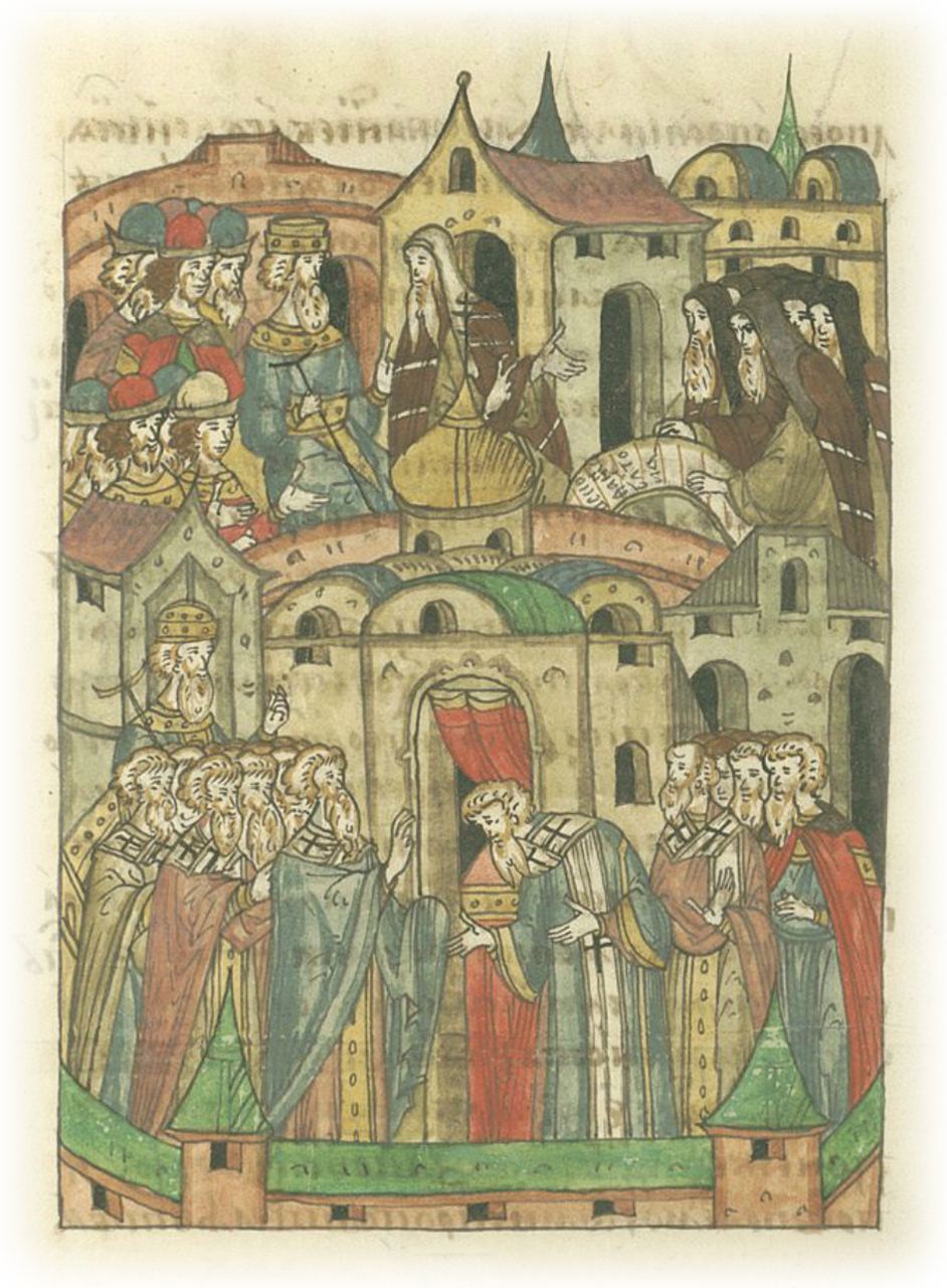 Литовский князь Витовт принуждает епископов поставить Григория Цамблака Киевским митрополитом и велит им подписать оправдательный документ, книжная миниатюра на бумаге, 1565-1576 гг., Лицевой летописный свод Ивана Грозного, Остермановский второй том, стр. 375.