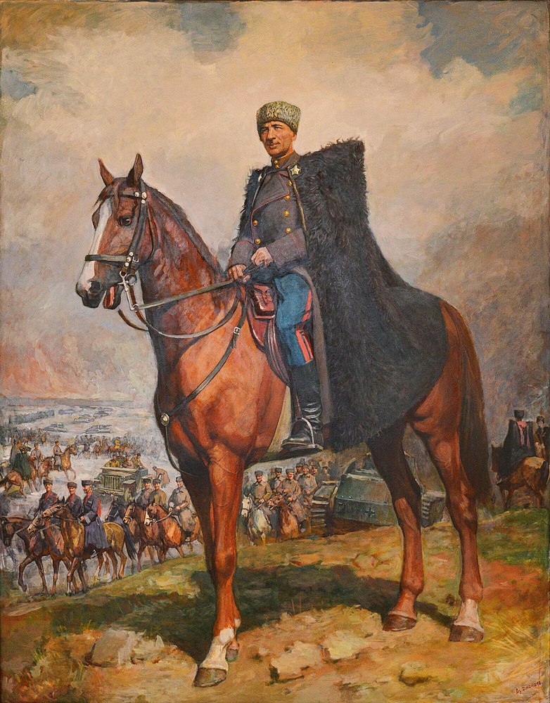 «Победитель. Генерал армии Исса Плиев». Художник Азанбек Джанаев. Как бы фоном картины служит созданная Плиевым конно-механизированная группа: кавалерия, усиленная танковыми подразделениями