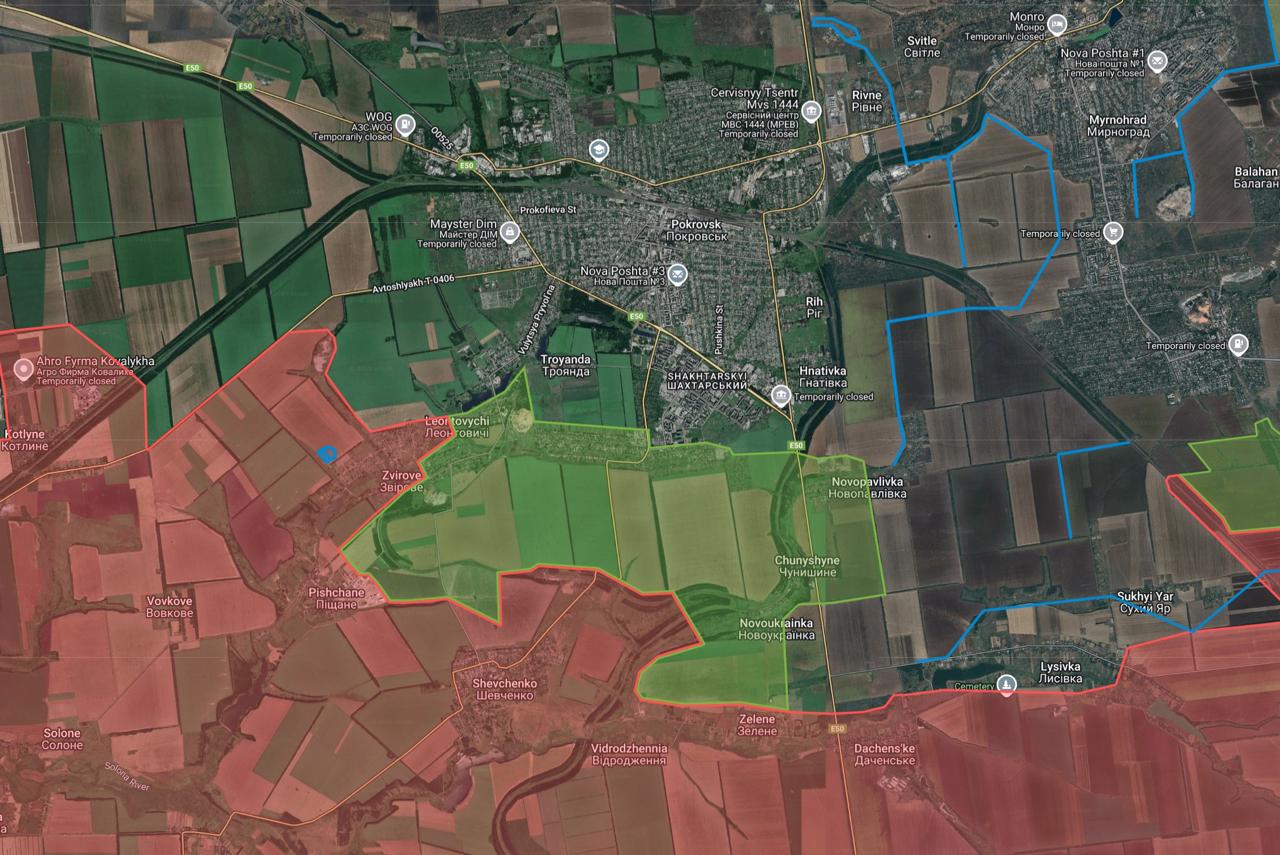 Приблизительная зона контроля ВС России (зелёный цвет) вокруг южных подступов Покровска