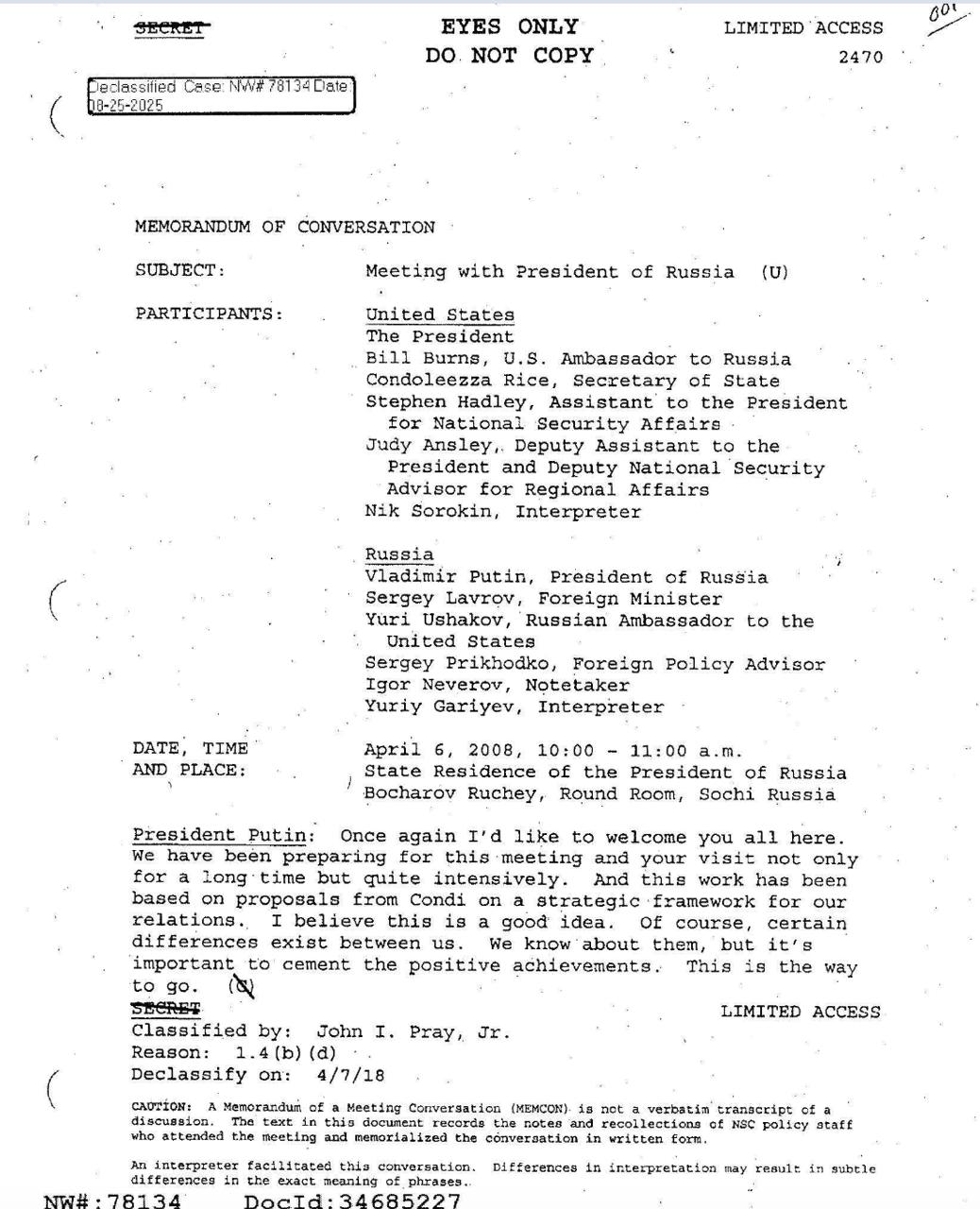 Меморандум о беседе. Тема: Встреча с президентом России. 6 апреля 2008 г. / nsarchive.gwu.edu 