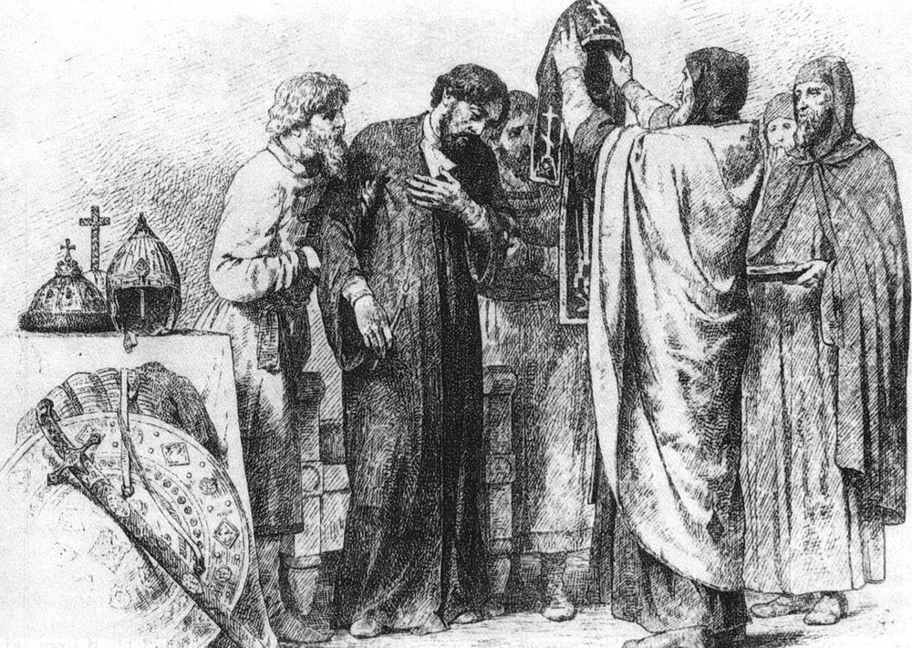 Князь Александр Невский перед кончиной принимает монашеский постриг под именем Алексия в Городце. Художник Василий Верещагин