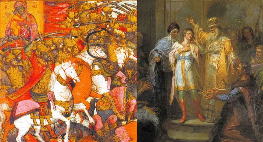 Слева: Чудо от Феодоровской иконы Богоматери в битве у Святого озера (фрагмент иконы XVII века). Справа: Призвание на царство Михаила Романова. Художник Григорий Угрюмов. Фрагмент картины. Здесь слева направо: инокиня Марфа, Михаил Романов, архиепископ рязанский Феодорит