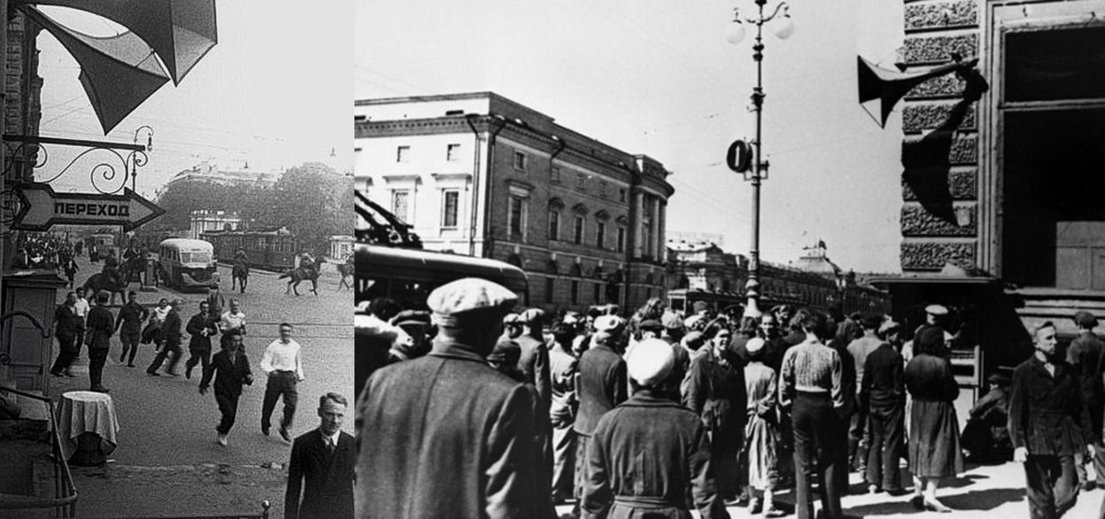 Кадры фотохроники. Справа – жители Ленинграда слушают правительственное сообщение о нападении фашистской Германии на Советский Союз 22 июня 1941 года. Слева – воздушная тревога в Ленинграде в первые дни Великой Отечественной войны