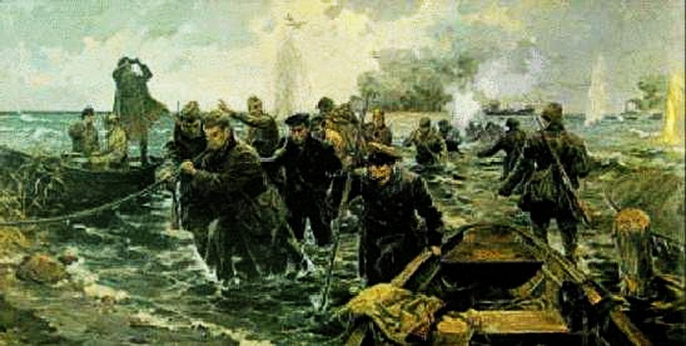 Прокладка кабеля через Ладогу. 1941 год. Художник Александр Семёнов