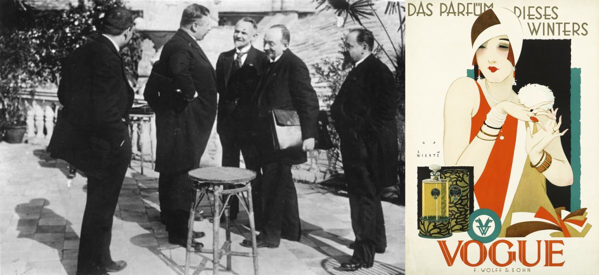 «В обстановке доверия»: представители немецкой и советской делегаций при подписании Рапалльского договора Карл Вирт, Леонид Красин, Георгий Чичерин и Адольф Иоффе. Справа - «Духи этой зимы – Vogue». Немецкий рекламный плакат периода «Золотых двадцатых».