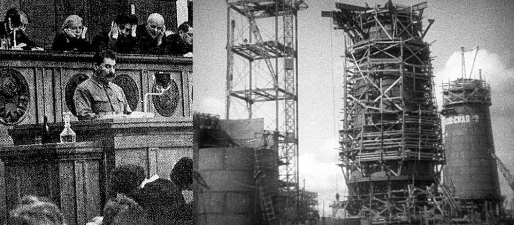 Сталин на трибуне конференции. Справа – строительство крупнейшего в СССР предприятия черной металлургии – Магнитогорского металлургического комбината имени В.И. Ленина. 1931 год. Кадр из кинохроники.