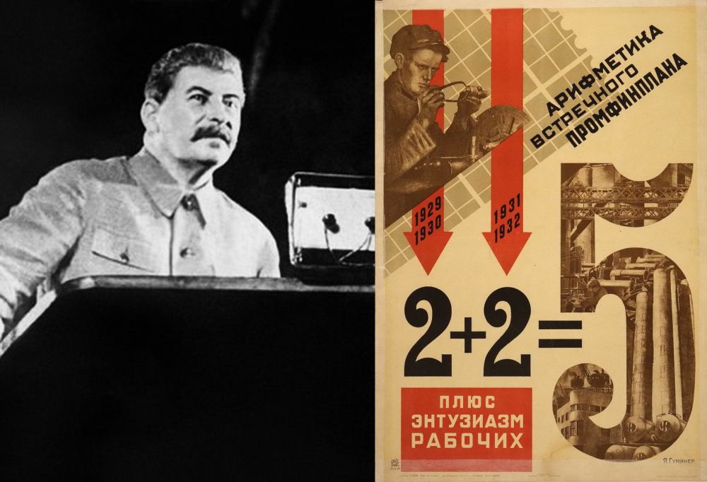 Выступает И.В. Сталин. Справа – плакат 1-й пятилетки