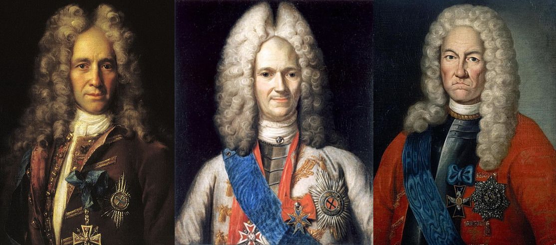 Одни из первых кавалеров ордена Александра Невского Г.И. Головкин, А.Д. Меншиков, Я.В. Брюс