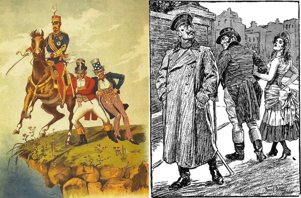 США и Англия толкают Японию к войне с Россией. Рисунок из русского журнала (слева). Справа – Джон Буль уводит Марианну из-род носа кайзера Вильгельма Вильгельма II. Карикатура Бернарда Партриджа из «Панча» 1906 года