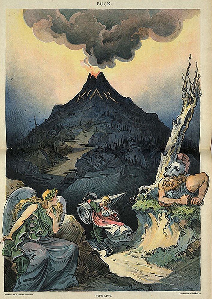 «Futility» (тщета, бесполезность). Император Николай II пытается закрыть пробкой вулкан войны. Журнал «Рuck» (США) 