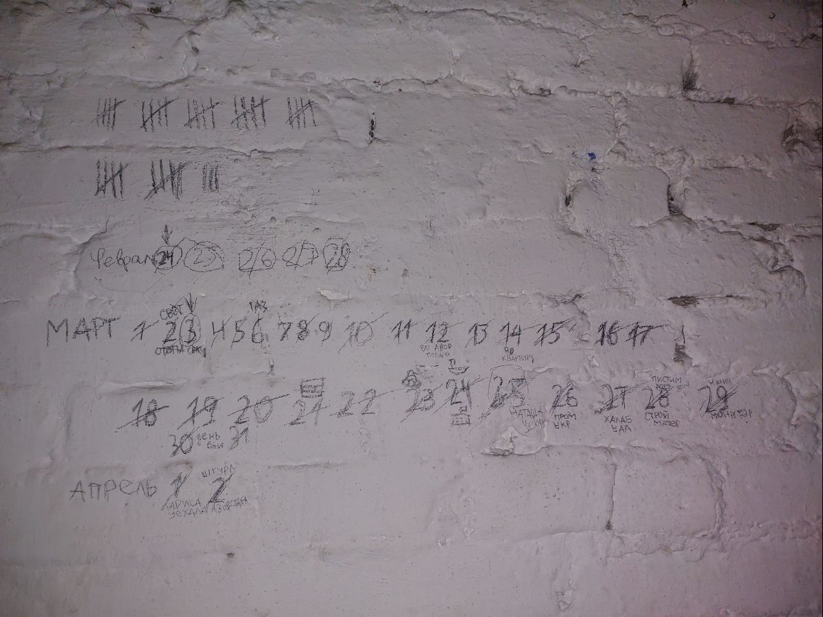 Календарь, который вёл 19-летний Фёдор в одном из мариупольских подвалов: «12  марта – во двор попало, 14 марта – в квартиру, 25 марта – Наташа уехала, 1 апреля – Лариса уехала»…