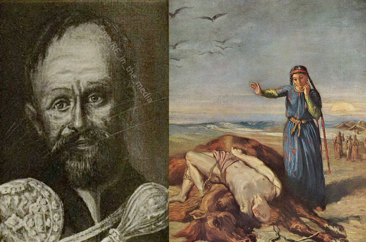 «Портрет И. Мазепы, который считается наиболее достоверным изображением гетмана, который хранился в Галиции в с. Подгорцы в замке князей Сангушко» (фото начала ХХ века). Справа – «Казачка возле тела Мазепы, привязанного к лошади». Художник Теодор Шассерио