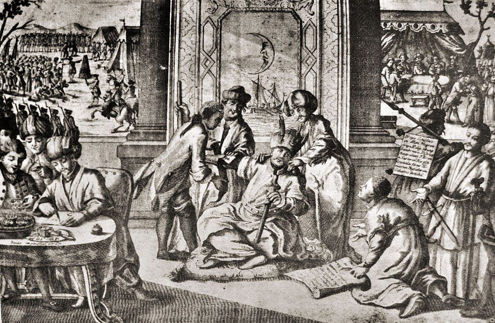 Сцена подписания Кючук-Кайнарджийского мира. Старинная гравюра.