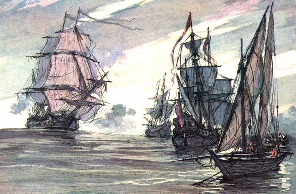 «Блокада русским флотом черноморских проливов». Художник Игорь Родионов. Здесь изображены: слева – линейный корабль, в центре – фрегаты, справа – шебека