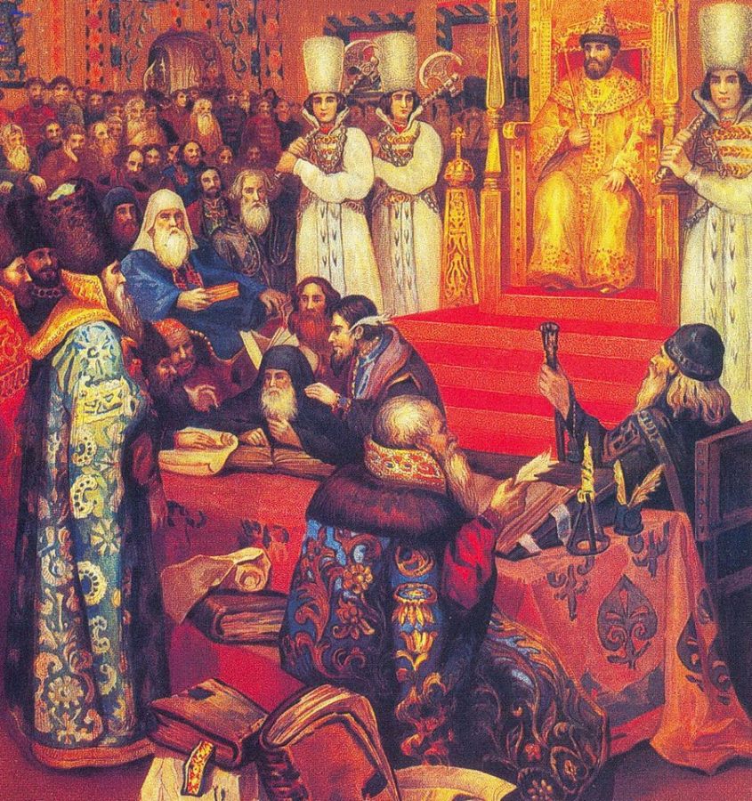 Составление Соборного уложения при царе Алексее Михайловиче. 1649 г. Художник Николай Некрасов. Бородаты все, кроме юных рынд, охранников царя