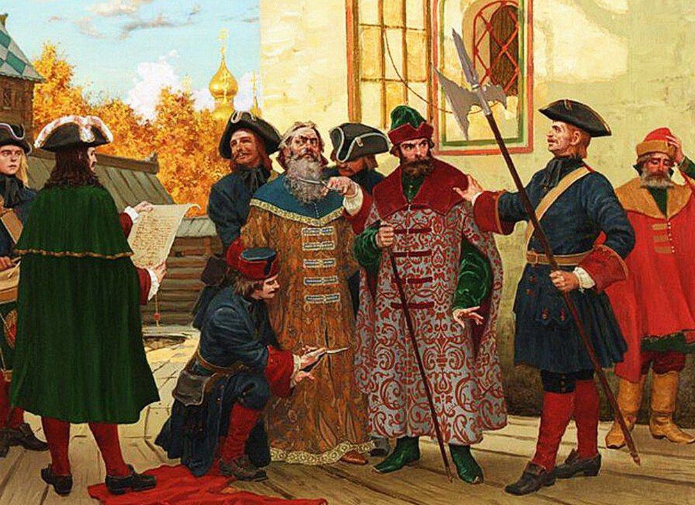 Боярину насильно состригают бороду и урезают ферязь