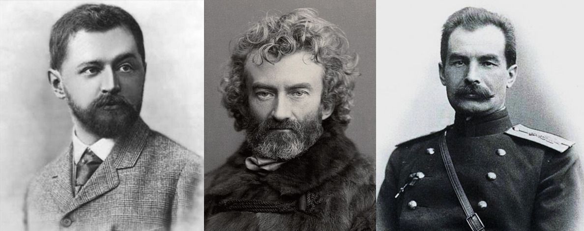 Великие русские путешественники И.М. Сибиряков, Н.Н. Миклухо-Маклай и П.К. Козлов (слева направо), чьи экспедиции состоялись благодаря содействию П.П. Семёнова