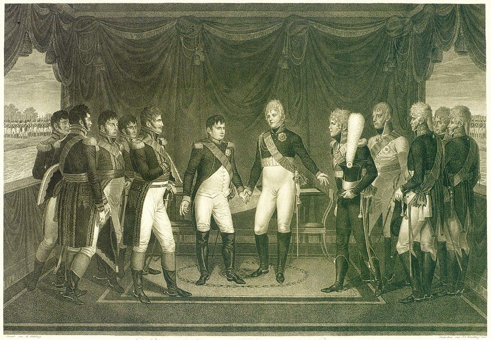 Встреча в Тильзите, изменившая расклад сил в Европе. В центре слева – Наполеон I, справа - Александр I. Старинная литография