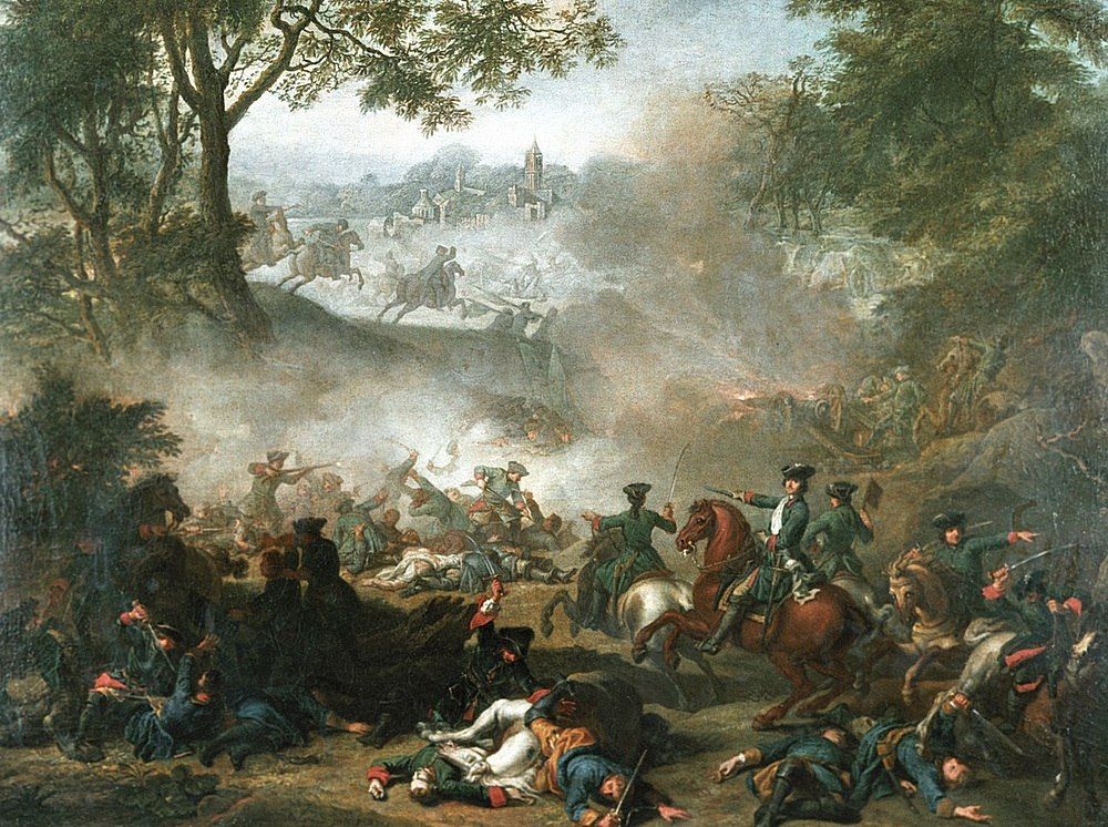 «Сражение при Лесной». Художник Жан-Марк Наттье. 1717 г. Все мысли и энергия Петра I были на полях войны, внутренние дела отошли на второй план