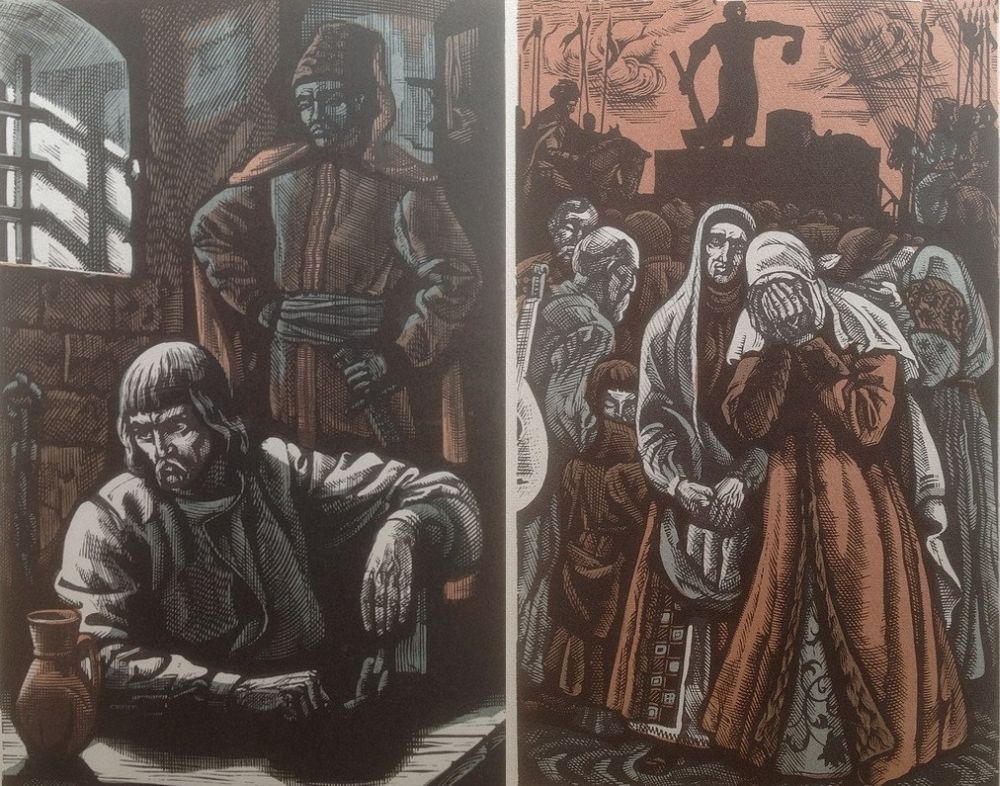 «Кочубей в темнице», справа – «Отрубленная голова Кочубея». Художник Василий Лопата. Иллюстрации к поэме «Полтава»