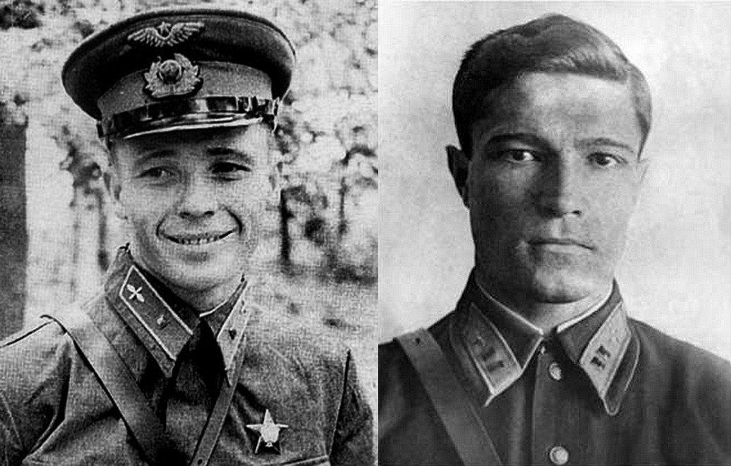 Герои-лётчики Виктор Талалихин (слева) и Пётр Еремеев