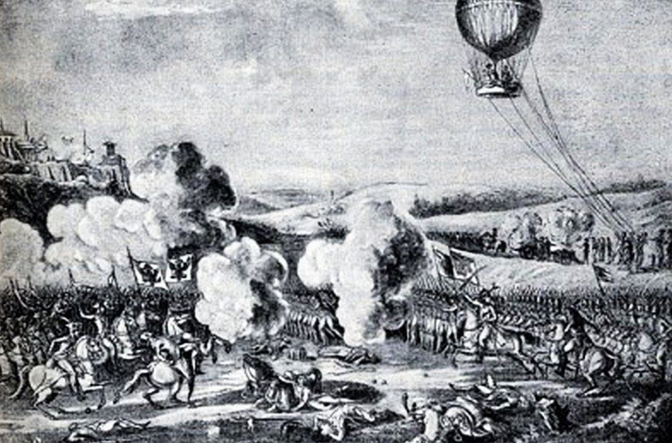Первое военное применение привязного воздушного шара в битве при Флерюсе (1794 год).